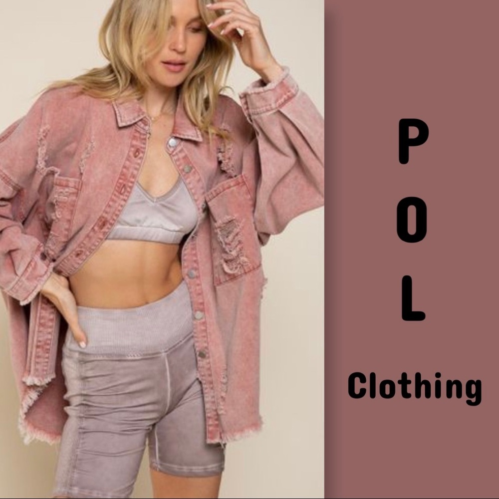 POL Pink Distressed Button Down Shirt
